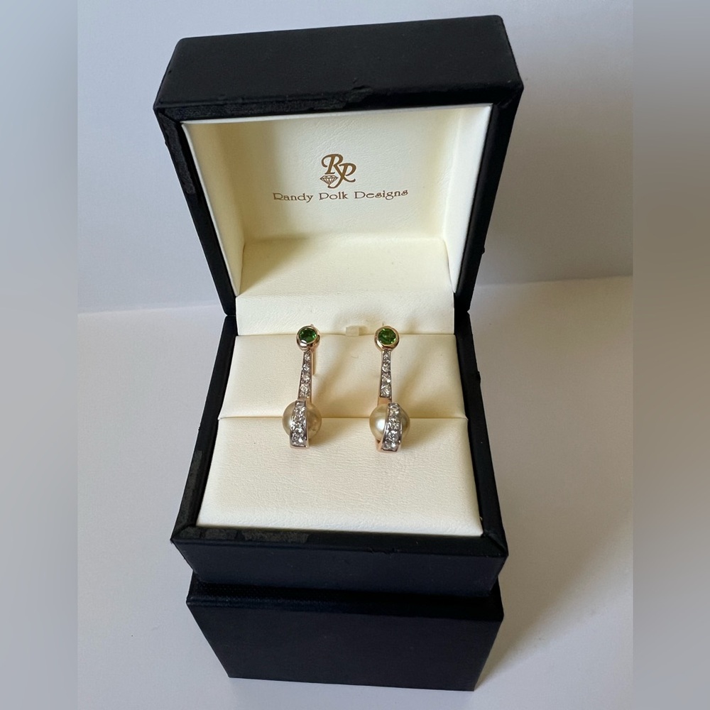 Randy Polk 14K Gold Earrings 9mm Golden Pearls, Diamonds & Tsavorite Garnets